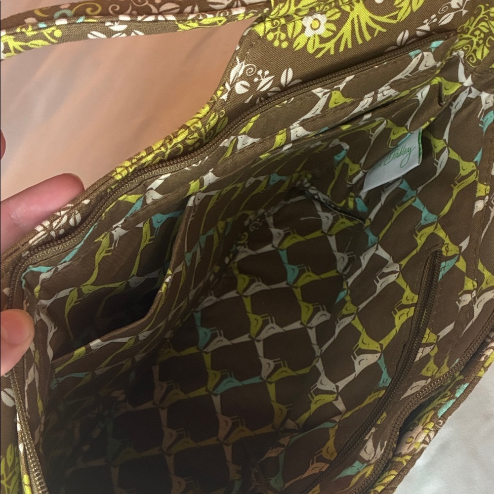 Vera Bradley Short Handle Bag Brown and Olive Green Zip Close EUC - Picture 10 of 15